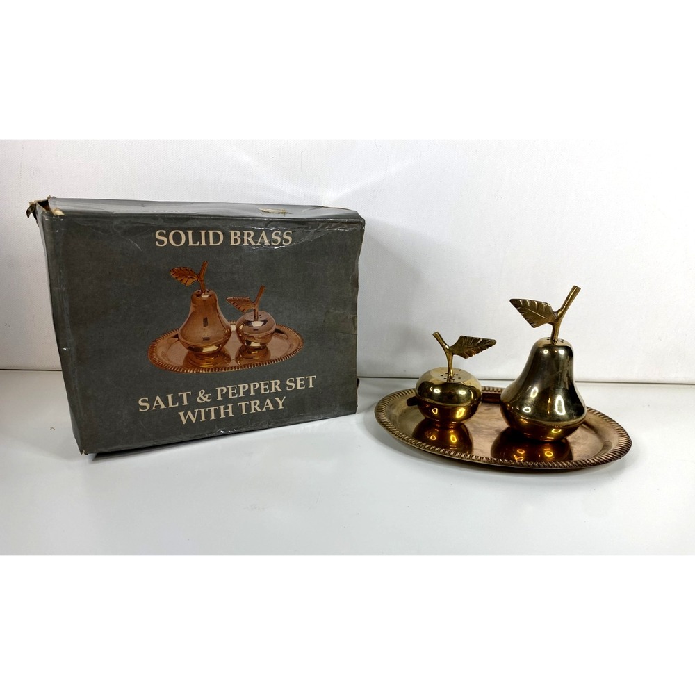 Vtg Brass Apple & Pear Salt & Pepper Shakers with tray and box Made in India